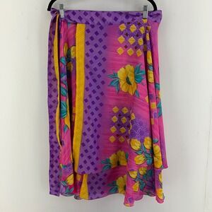Floral Tiered Full Wrap Midi Skirt Silk Blend Medium Colorful Hippie Gypsy